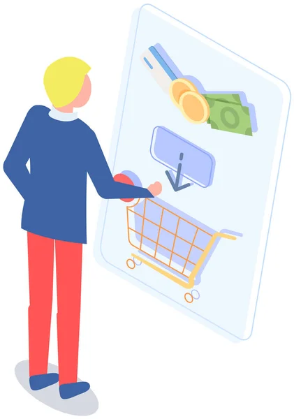 Commerce Selling Online Shopping Digital Marketing Man Chooses Buys Goods — Vettoriale Stock