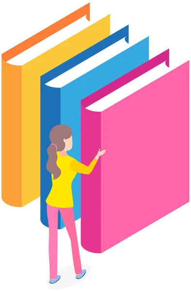 女性は文学のスタックと棚の近くに本のスタンドを取り 女性の文字リーダーは読むのが大好きです オフライン図書館教育文書学習 読書図書室 勉強用教科書 — ストックベクタ