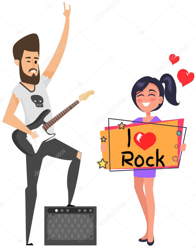 Musicians rock group isolated on white background. Stylish guitarist with guitar and happy young girl fan holding poster in hands. Acoustic concert, bassist man with bass instrument at performance