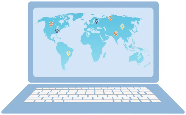 Mapa do mundo detalhado alto, diagrama do planeta na tela do laptop. Programa de computador para navegação — Vetor de Stock