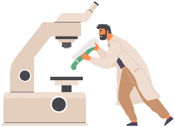 Biologist studies plant cell with microscope. Biological research with laboratory equipment — Vetor de Stock