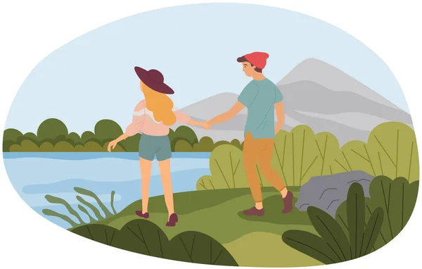 Garçon et fille marchant sur la rive du lac ou de la rivière. Les amoureux passent du temps ensemble en plein air — Image vectorielle