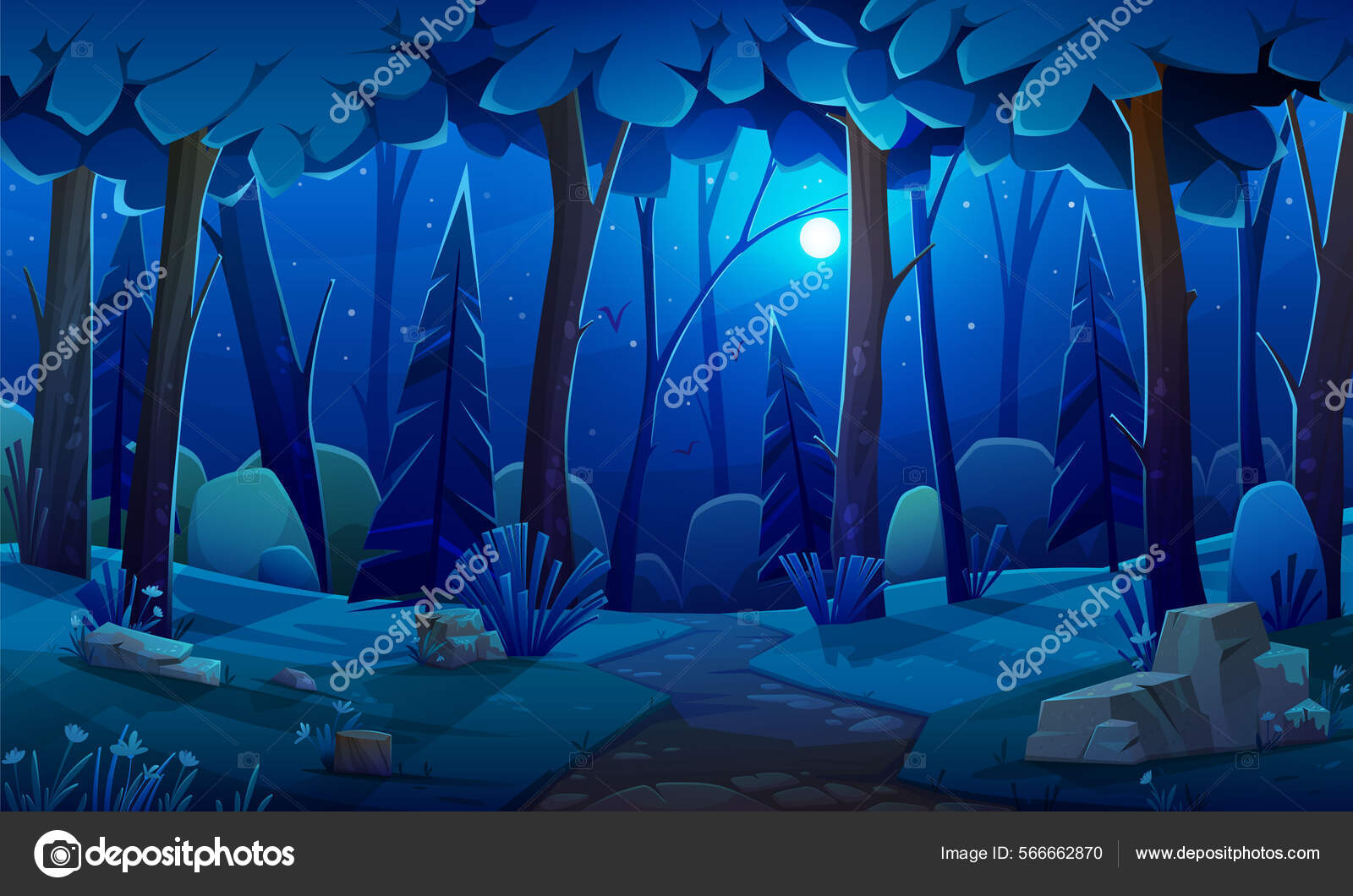 Paisagem de floresta noturna com plantas e árvores. fundo de madeira  selvagem escuro, paisagem lugar misterioso Vetor de stock de ©robuart  566662870, image size:1600x1060