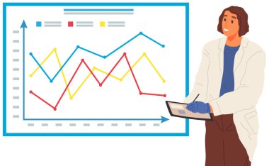 Bilim adamı veri analizi ve istatistik araştırmaları üzerinde çalışıyor. Loupe 'lu kadın grafiğe bakıyor.
