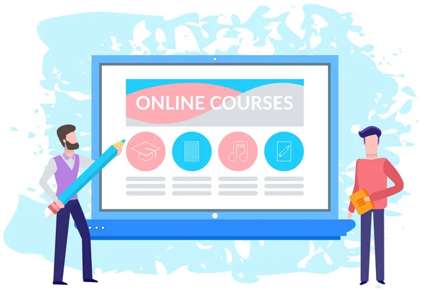 People using program for distance learning. Men looking at online course web page on screen — Stock Vector