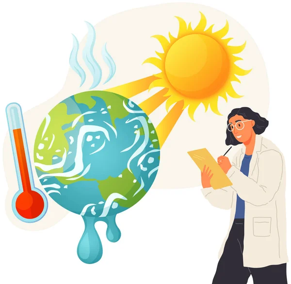 Ο άνθρωπος κάνει ανάλυση της οικολογίας, του περιβάλλοντος. Επιστημονική μελέτη των προβλημάτων της αύξησης της θερμοκρασίας — Διανυσματικό Αρχείο