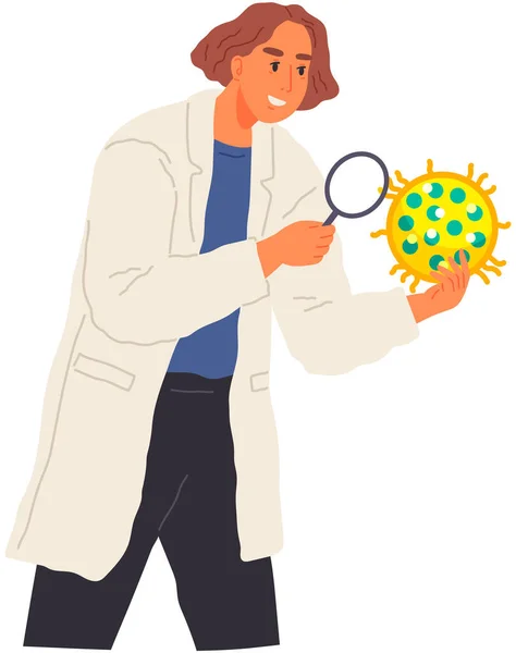 Scientist makes new decision in science. Woman in lab coat conducting experiment, chemical research — Stock Vector