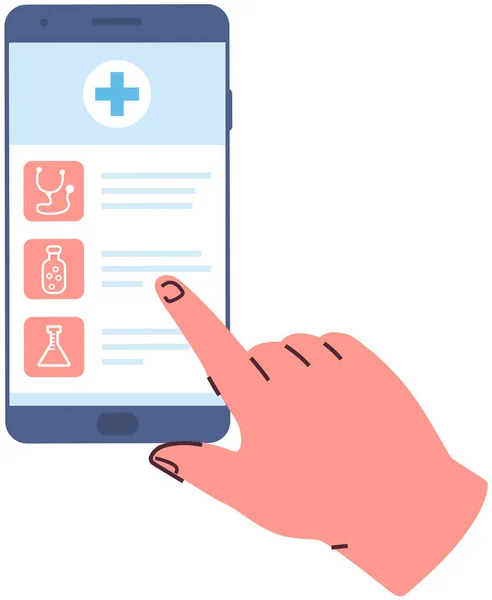 Telefono a mano con app per il trattamento. Domanda di diagnosi medica, servizio sanitario — Vettoriale Stock