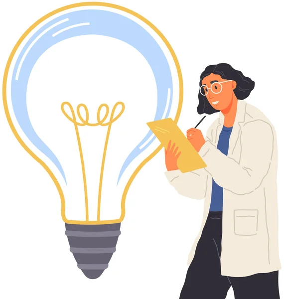 Light bulb as symbol of invention. Lady scientist works with generating ideas, search for solutions — Vetor de Stock