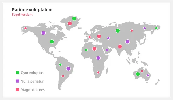 Παγκόσμιοι χάρτες με χρωματιστούς δείκτες. Επίπεδη εικόνα της Γης για προσανατολισμό και πλοήγηση — Διανυσματικό Αρχείο