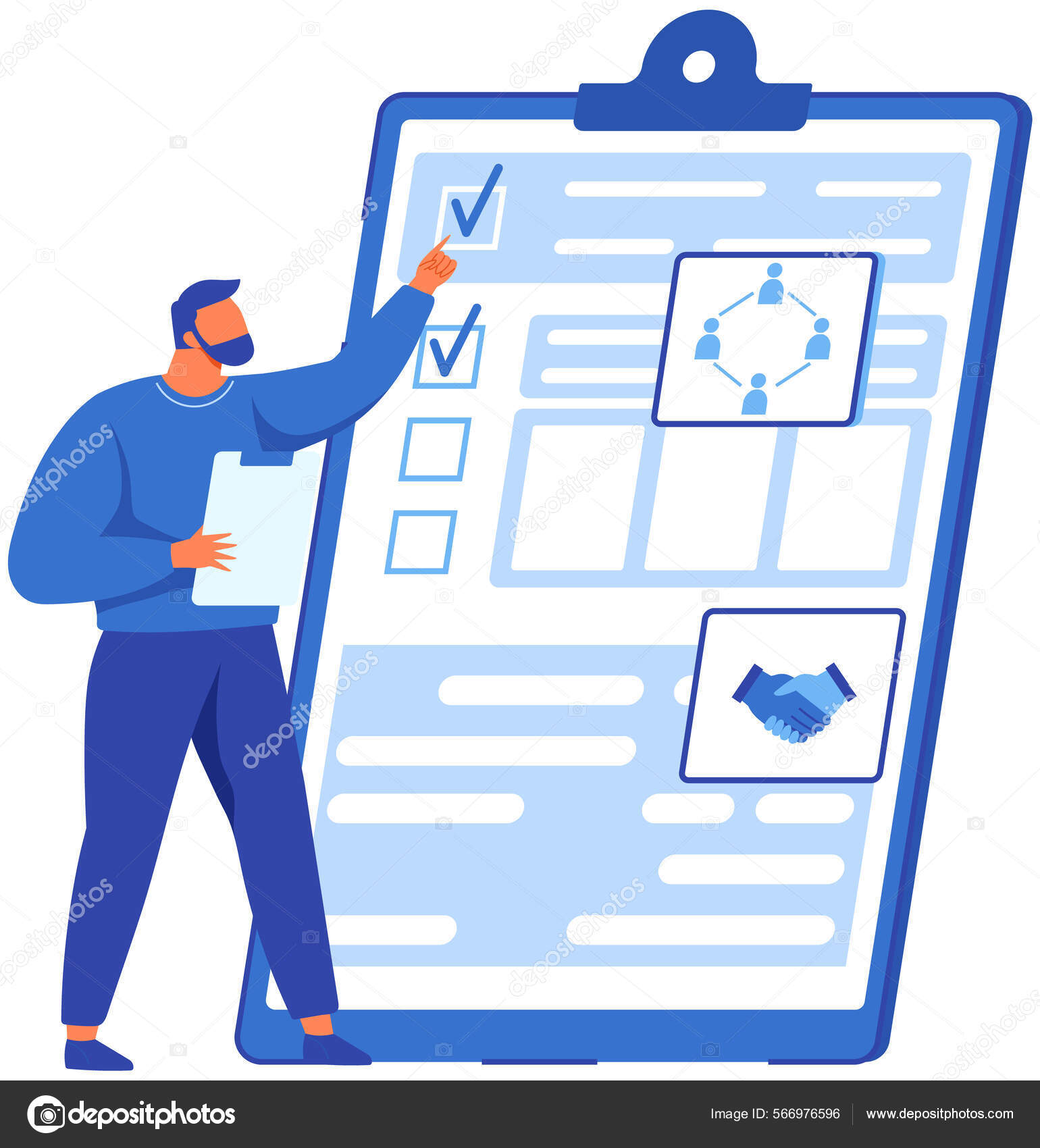 男人看的清单与社会调查结果。商人检查剪贴板上的文档图库矢量图©robuart 566976596, image size:1540x1700