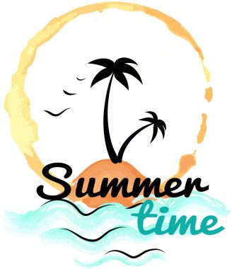 Postcard with text and beach accessories tropical style. Watercolor summer hand drawn lettering