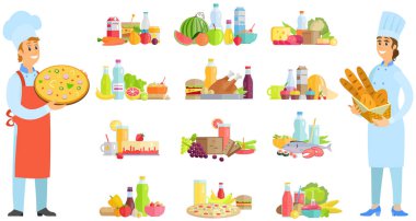 Professional bakers with pizza and bread basket stand surrounded by healthy and junk food sets