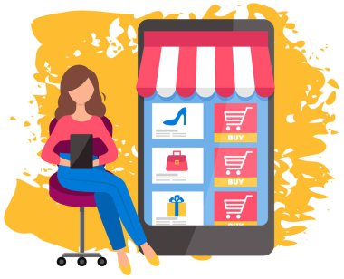 Kadın internet üzerinden mal almak için akıllı telefon kullanıyor. Bayan alışveriş yapar, internetten sipariş verir.