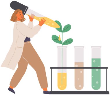 Biyolog deney tüpündeki bitkilerle deney yapıyor. Laboratuvarda ağaç örneğiyle araştırma