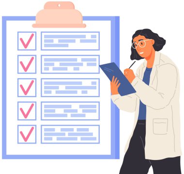 Medical worker or researcher holding document list. Scientist with standing near clipboard with data
