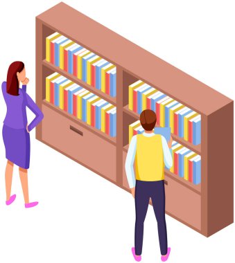Kütüphane ikonu kitaplığında kitap alan bir öğrenci. Kitapçıdaki insanlar ellerinde kitaplarla kitaplığın yanında duruyorlar.