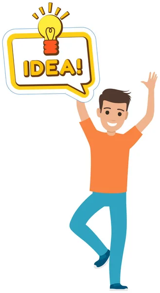 Sticker, speech bubble above head of dancing guy. Man creates new idea with light bulb icon — Stock Vector