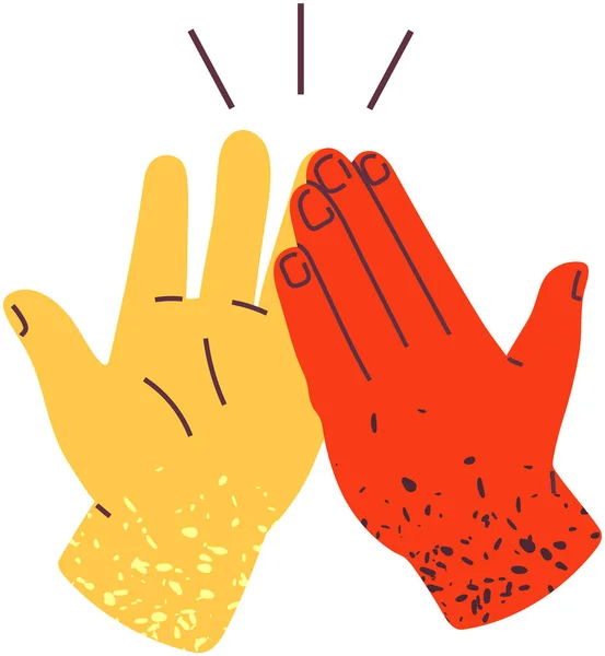 Two hands give high five, clap each other for great work. Gesture as symbol of friendship — стоковый вектор