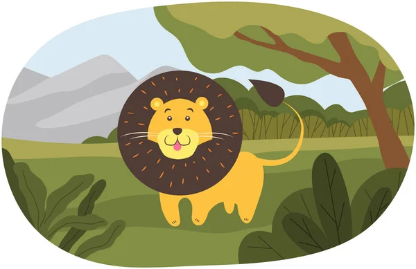 Kreslený lev v savaně, obrovské zvíře v přírodě, divoká kočka. Venkovní zoologický park s dravcem, leo — Stockový vektor