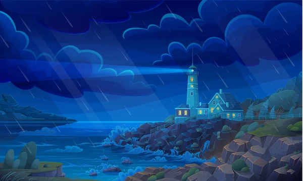 Nachtzicht op zeekust met vuurtoren tijdens regen. Landschap van de natuur met zee of rivier en baken — Stockvector
