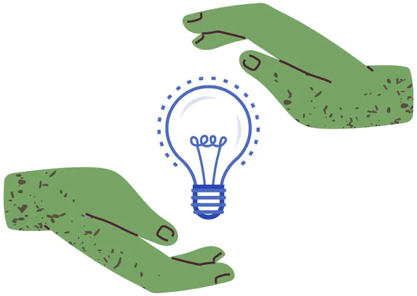 Symbol für neue Idee, kreatives Projekt. Linienkunst der Glühbirne in Händen für geschäftliches Brainstorming — Stockvektor
