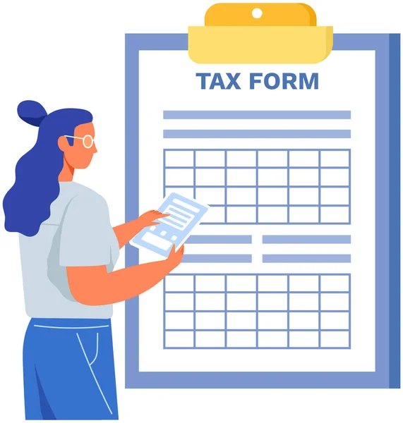 Lady looks at tax form, evaluates document. Woman near giant clipboard with paper report, checklist — Stock Vector