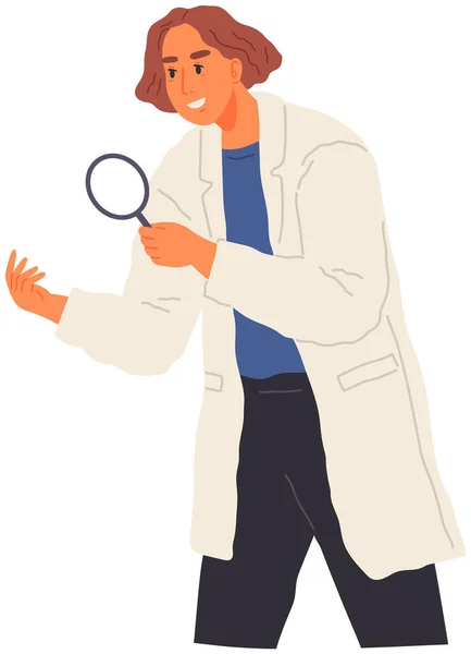 Researcher holding magnifying glass device. Woman scientist looking at something using loupe — Stock Vector