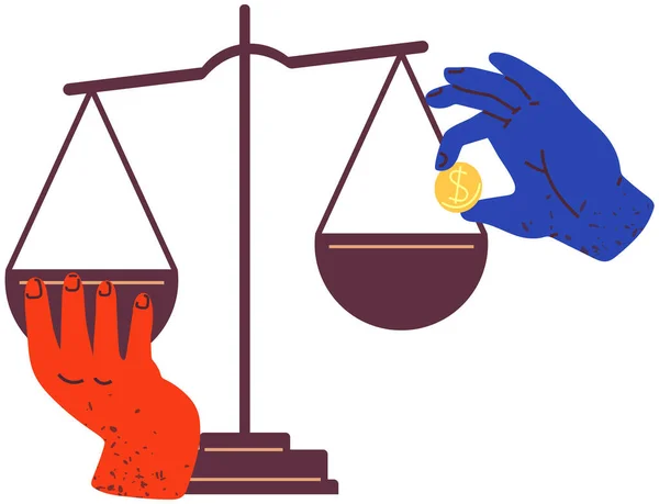 Hands put pennies on scales. Real weight and value of gold dollar coins. Weighing money concept — Archivo Imágenes Vectoriales