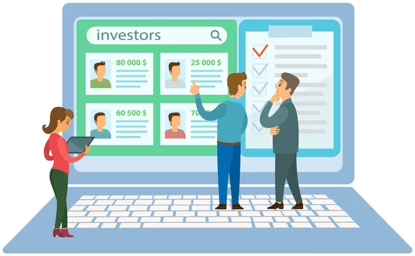 Colleagues working with business candidate selection program. People choose investors on screen — Stock Vector