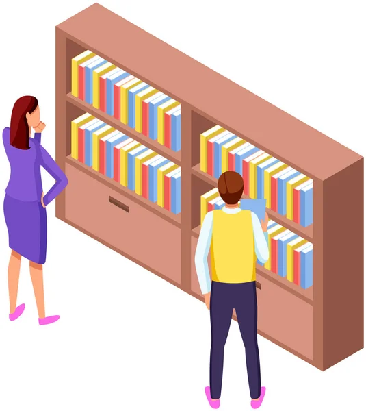 Student taking book at library icon bookcase. People at bookstore standing near bookshelf with books — Vector de stock