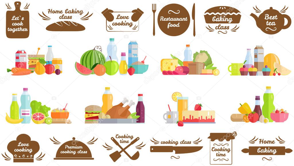 Set of hand writings about kitchen and cooking. Best time, home baking, restaurant fresh dish, cooking class, lets cook. Hand drawn letterings in simple style near icons of food and drinks