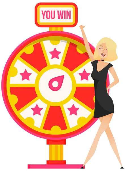 Female lucky winner with wheel of fortune. Business concept. Chance and risk, gamble and profit — Image vectorielle