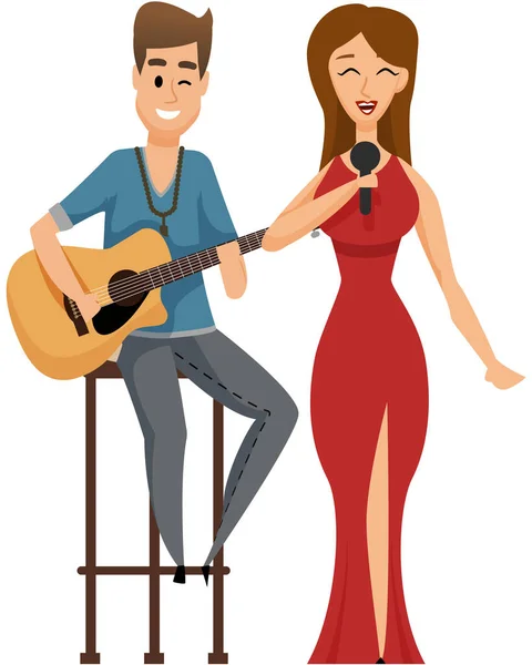 Music band, playing guitar, duet singing concept. Man playing musical instrument and girl vocalist — стоковый вектор