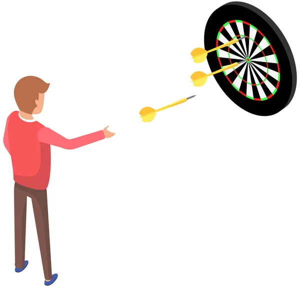 Man throws dart arrow hitting center target on white background. Victory and success concept — Archivo Imágenes Vectoriales