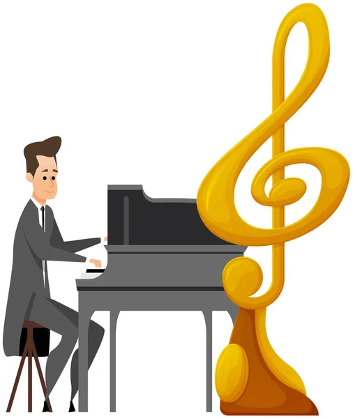 Man performs song on piano near gold treble clef. Artista fazendo música ao vivo com instrumento musical —  Vetores de Stock
