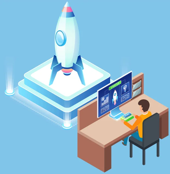Man working on development and investment in business project. Rocket as symbol of startup launch — Vector de stock