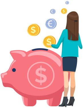 Kumbaraya bozuk para koyan bir kadın. İş kadını para biriktirir, sermaye biriktirir, finans