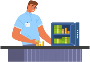 Man accumulates funds, cash and gold coins. Male employee working in bank saves money in safe, vault