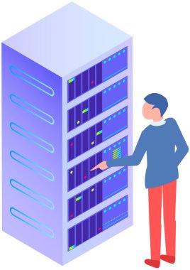 Veritabanı merkezi bilgi depolama, veri tabanı, sunucu. Servis yazılımını çalıştırmak için bilgisayarla çalışan adam