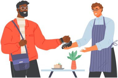 Kafede faturayı ödeyen müşteri akıllı saat kullanıyor. Bağlantısız, kablosuz ödeme, dijital bankacılık