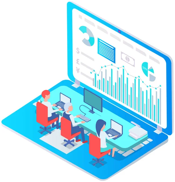 Ofiste iletişim kuran iş adamları istatistikleri tartışıyor, farklı grafik ve grafikleri analiz ediyorlar.