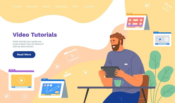 Video tutoriales para el aprendizaje en línea. El hombre toma cursos virtuales, estudia usando Internet para la educación — Archivo Imágenes Vectoriales