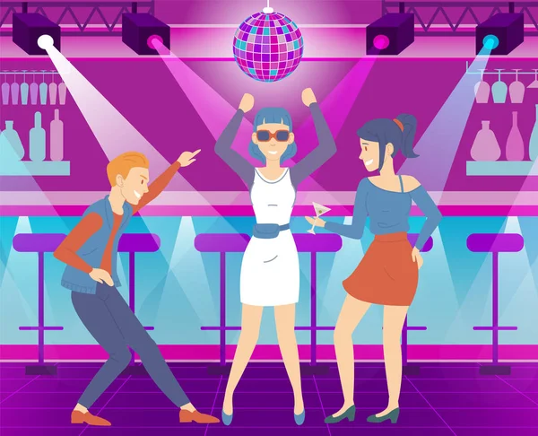 Grupo de amigos pasando tiempo juntos en la fiesta, Hombre y mujeres bailando y divirtiéndose en discoteca — Vector de stock