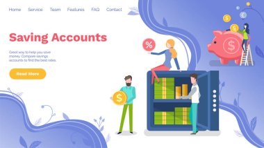 Banka hesapları için iş sitesi. Para tutan insanlar, güvenli bir yerde para, dolarlarla dolu bir kumbara.