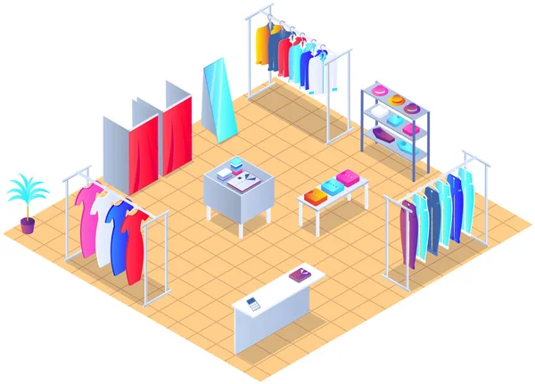 Customer choosing clothes in store. Shop assistant helps buyer to choose product during shopping — Vector de stock