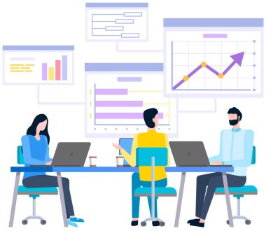 Kadın çalışanlar veri analizinde çalışırlar. Diyagramları analiz eden kadınlar, istatistiksel sunum