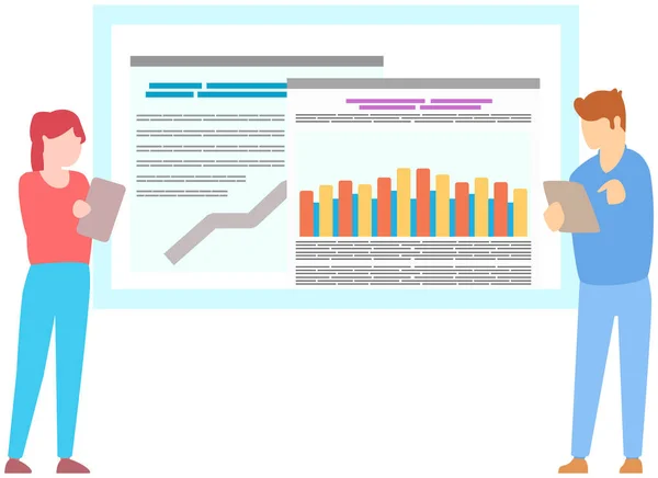 Chefen gör en presentation av en statistisk rapport. Affärsidé för analys och planering — Stock vektor