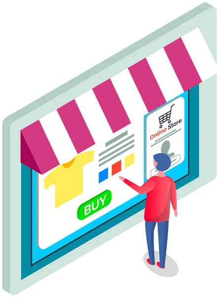 Acheteur de personne faisant des achats en ligne sur le site. Acheter des produits via Internet, magasin de vêtements en ligne — Image vectorielle