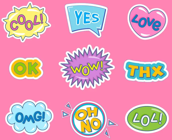 Mode-Patches mit Wörterdialog-Beschriftungen, buntem Sticker-Pack-Hintergrundmuster — Stockvektor